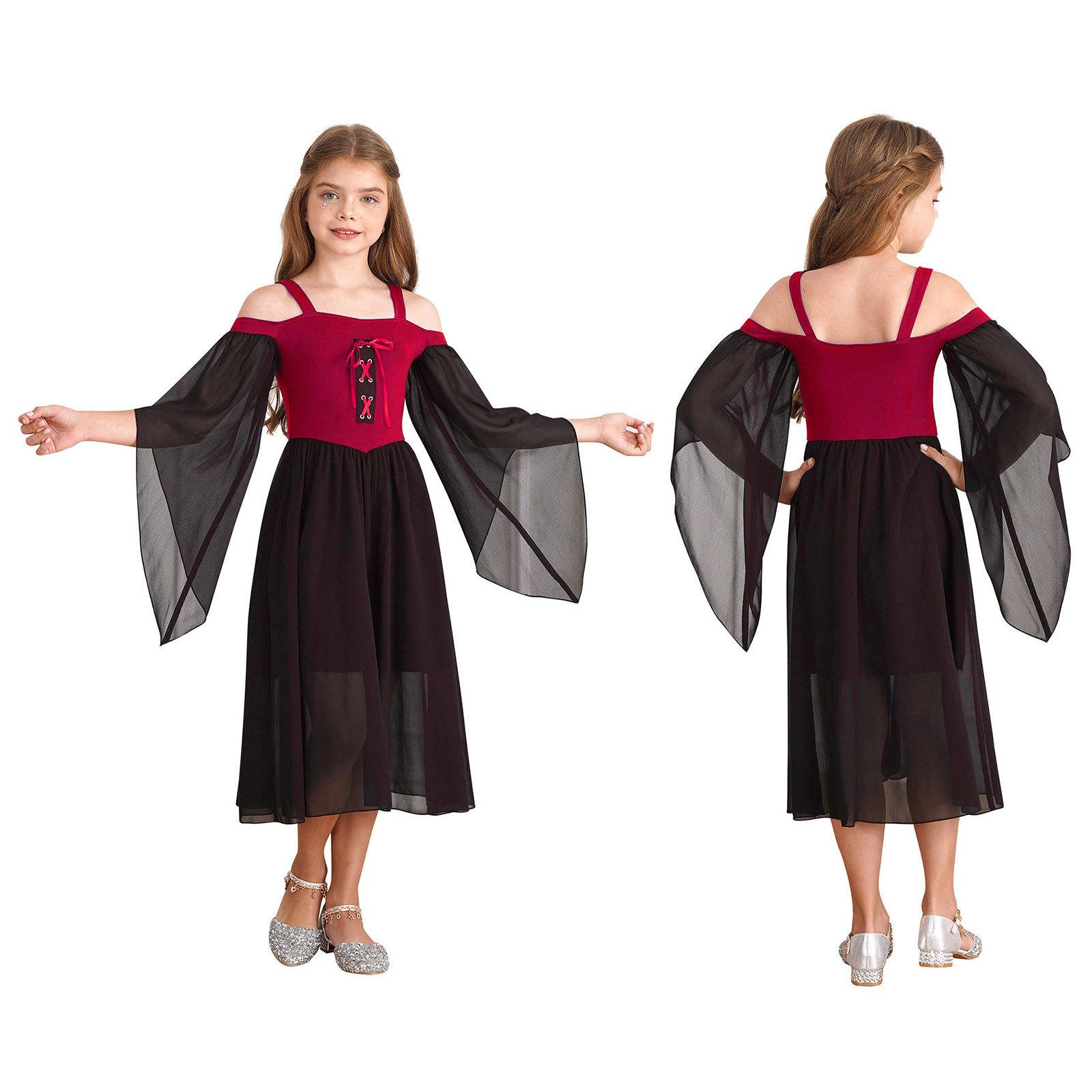 Kinder Mädchen Mittelalterliche Prinzessin Kostüm Renaissance Robe Kleid Quadratischer Ausschnitt Halloween Cosplay Kostüm 11-12 Years rot
