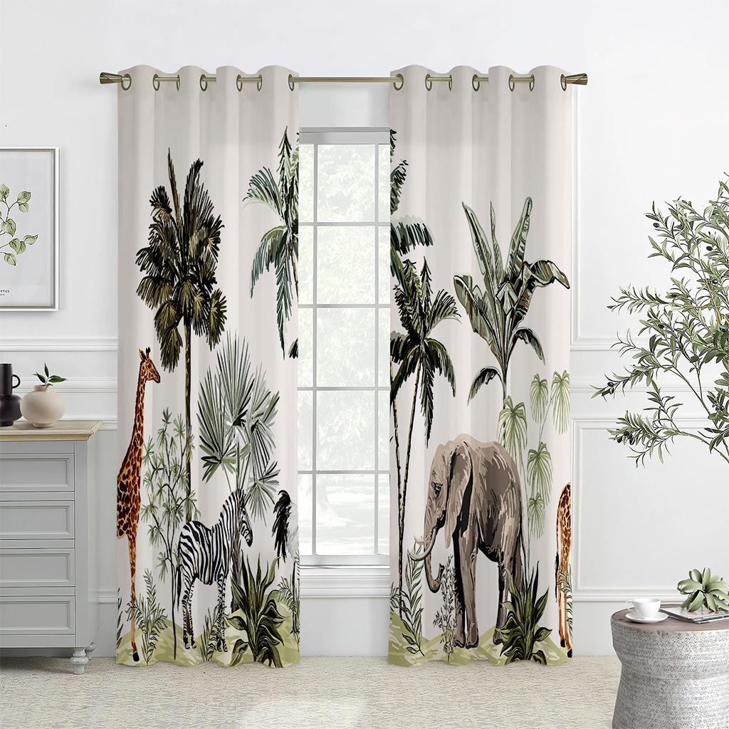 Tropische Vegetation 3D-gedruckte Vorhänge, Vorhänge mit Stangendurchzug, Küche, Schlafzimmer, Wohnzimmer, Dekorative Vorhänge, Heimdekoration W50xH140(CM)x2PCS&Rod pocket gray