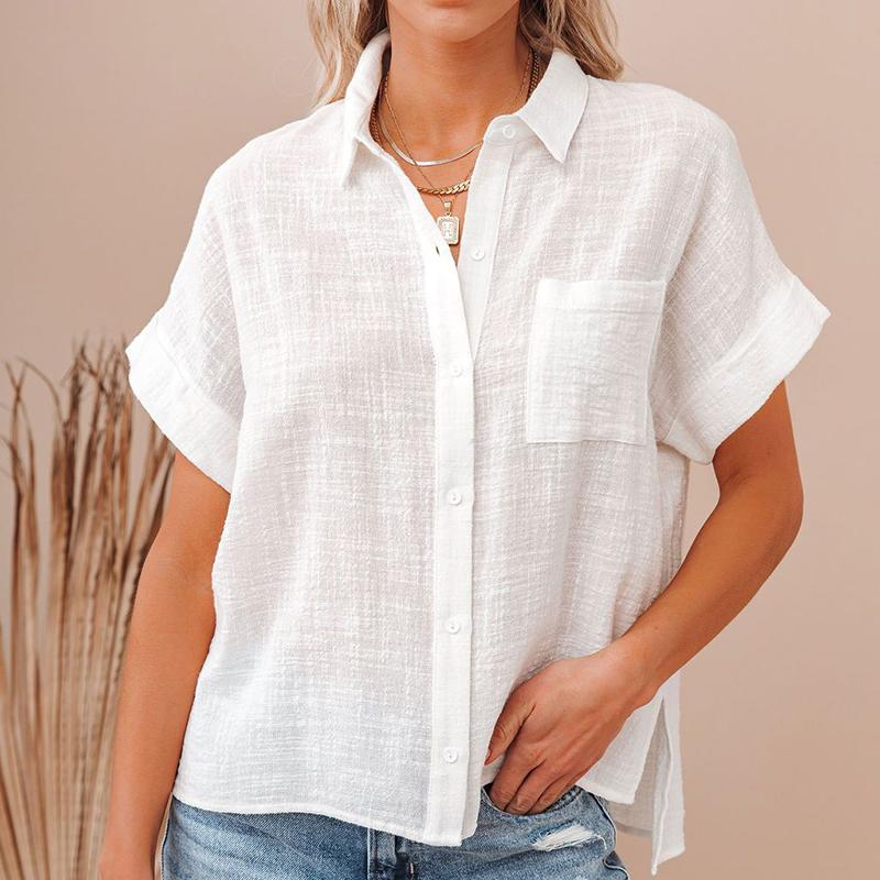 Elegante Blusen für Damen, kurzärmelig, Sommerhemden für Damen, Baumwoll-Leinen-Shirt, kurzärmelige Oberteile für Damen, lässig, 21929 XXL weiß