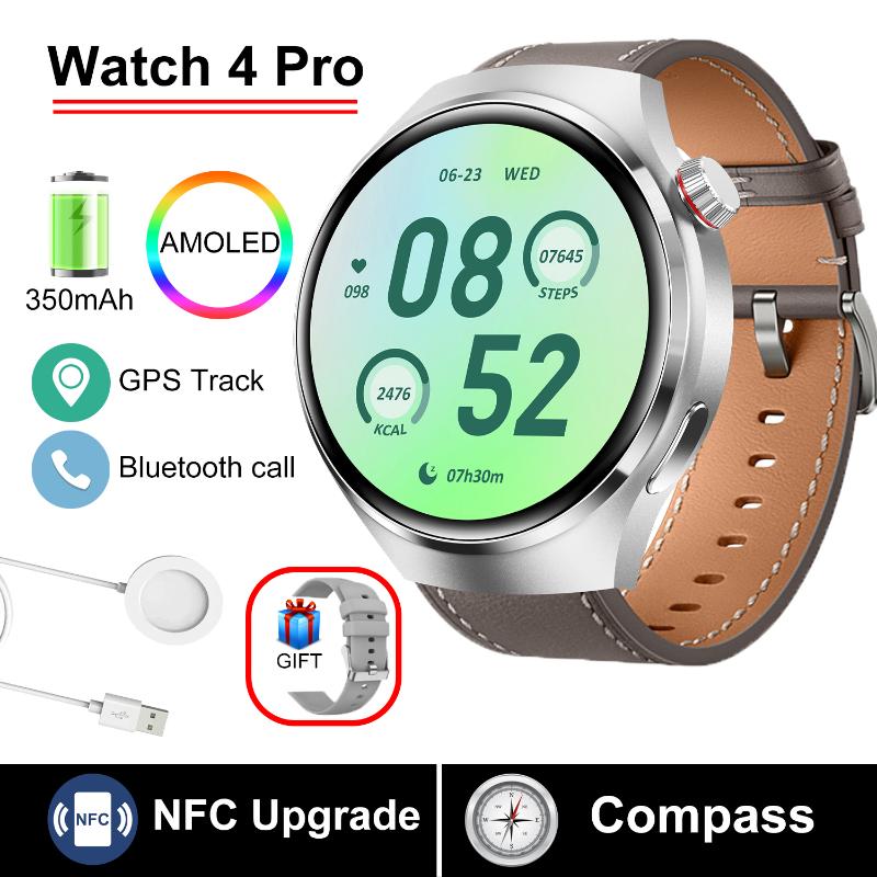 2025 Neue WATCH 4 Pro Gesundheits-Smartwatch Herren 360*360 AMOLED-Bildschirm NFC GPS-Tracker Kompass BT-Anruf Blutsauerstoff IP68 Sport-Smartwatch Leather belt silber