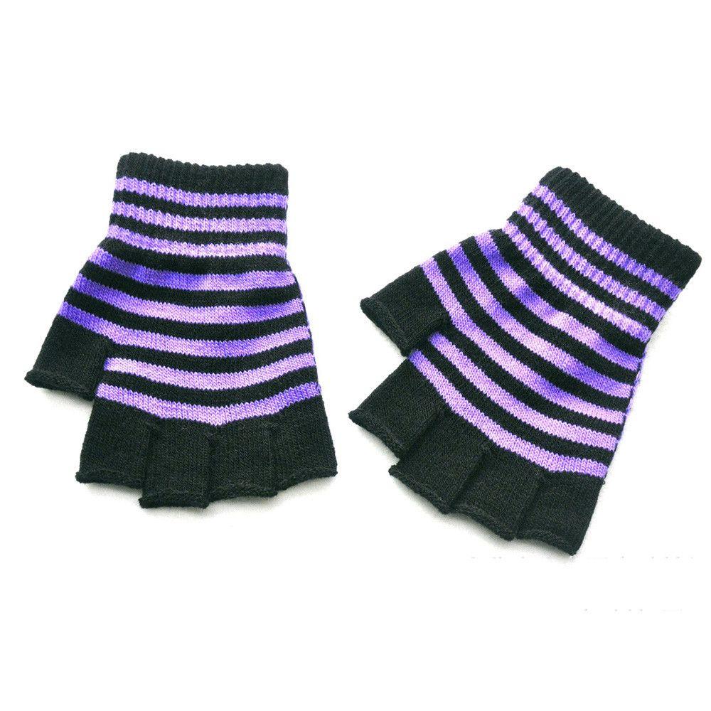 Gestreifte fingerlose Handschuhe in Unisex-Einheitsgröße, Gothic-Strickhandschuhe, fingerlose Handschuhe, warme, elastische, bequeme Handschuhe violett