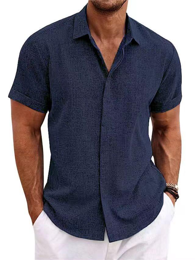 Herren Baumwolle Leinen Hemden Kurzarm Button-Down Freizeit Hemd Sommer Strand Hochzeit Hemd M dunkelblau