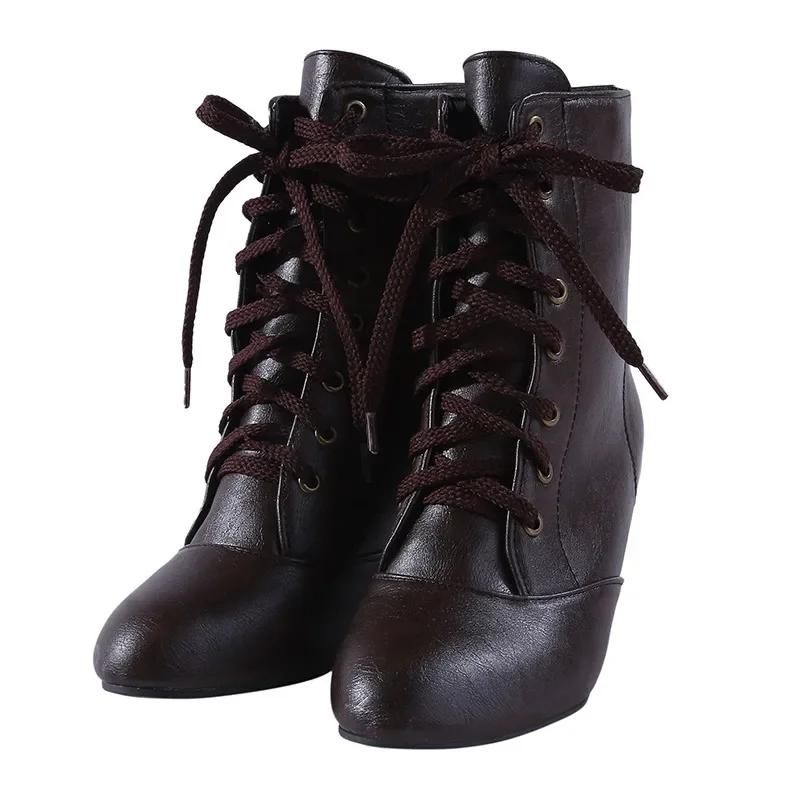 Mode Neue Mode Damen Niedriger Kitten-Absatz Stiefeletten Viktorianisch Runde Zehen PU-Lederschuhe Steampunk Schnürstiefel Retro Jeansstiefel 43 braun