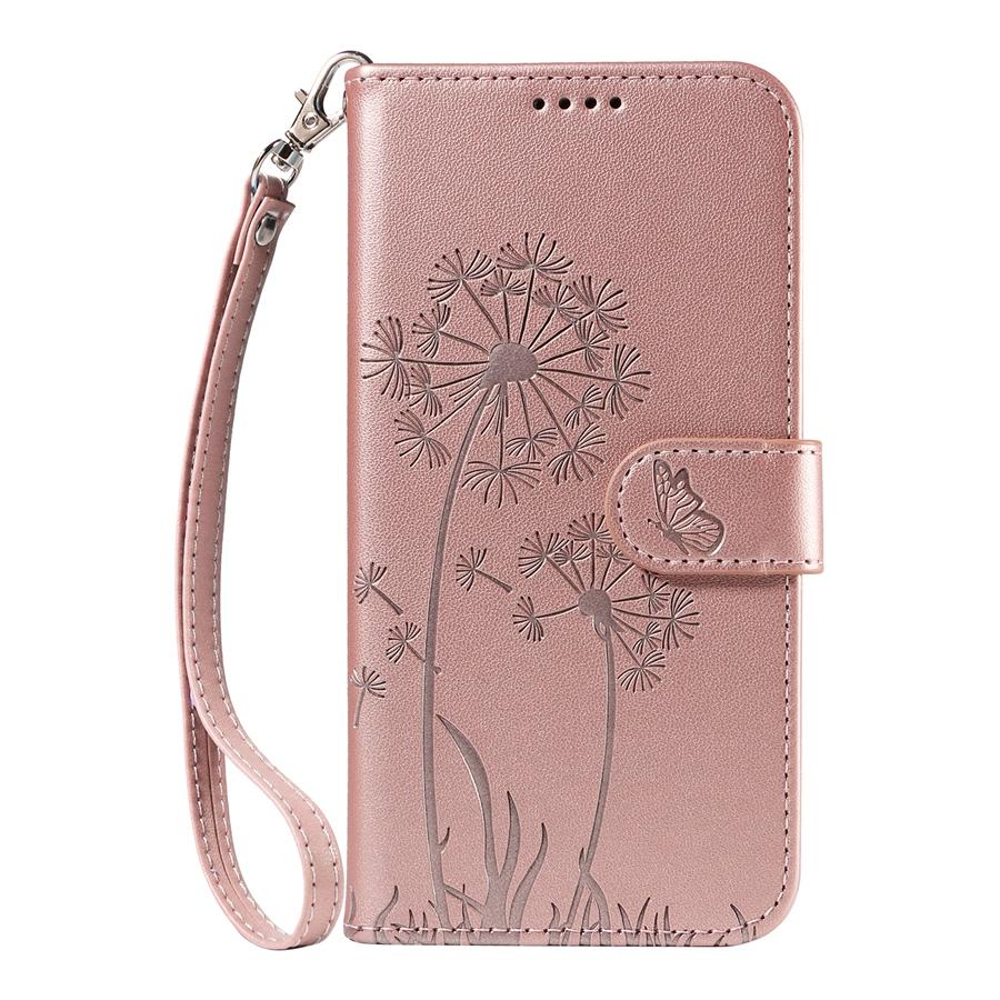 Geprägtes Löwenzahn Premium Leder Handyhülle für iPhone 16 15 14 13 12 11 16 Plus 16e 16 Pro Max 15 Plus 14 Pro XR 7 8 Plus Brieftasche mit 2 Riemen iPhone 16 Pro Max rose gold