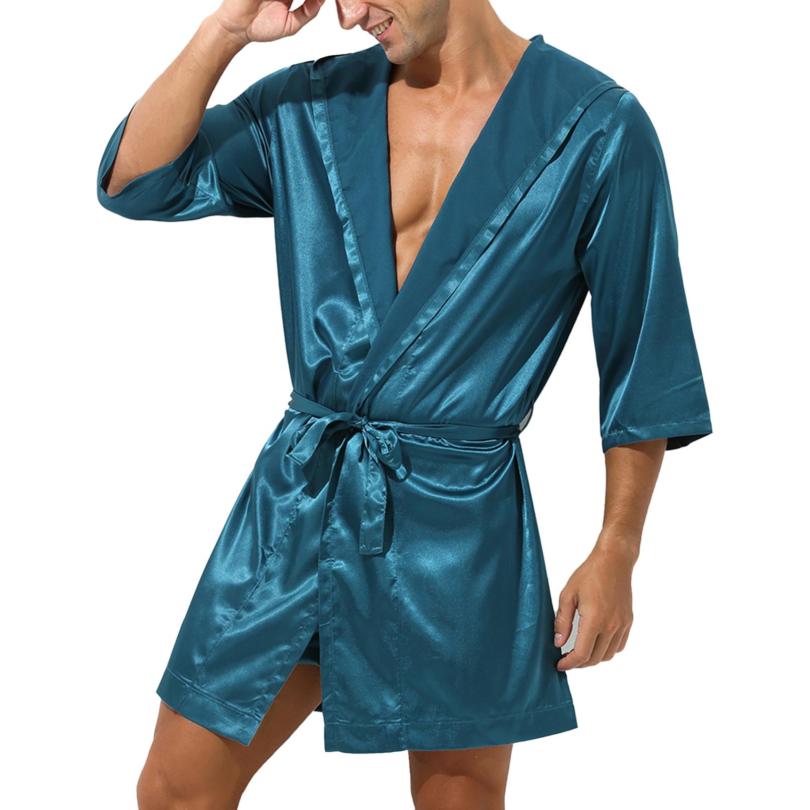 Herren-Bademantel aus Satin mit offener Vorderseite, leicht, Nachtwäsche, halbarm, Kimono-Bademantel XL kobaltblau