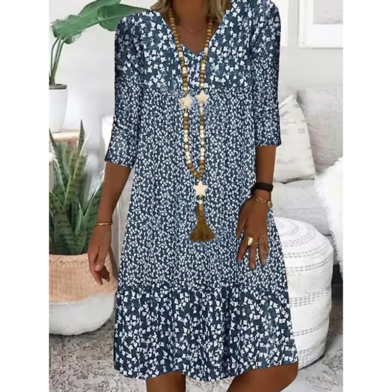 Damenmode Sommer Frühling 3/4 Ärmel V-Ausschnitt Freizeitkleider M blau