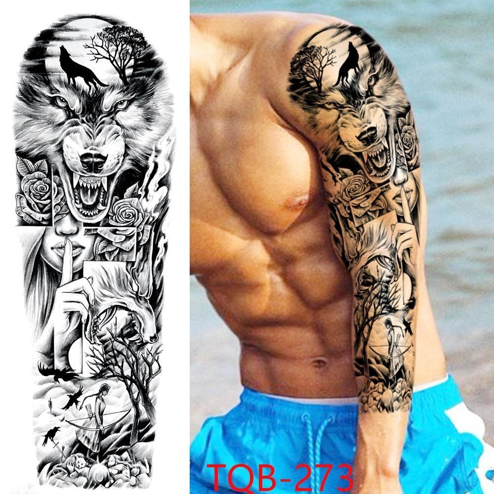 1 STÜCK 480*170 MM Temporäre Tattoo-Ärmel Für Männer Frauen Super Großer Kompass Wolfskopf Auge Gefälschte Löwengott Feder Tattoo Vollen Arm Tattoo Aufkleber TQB-273