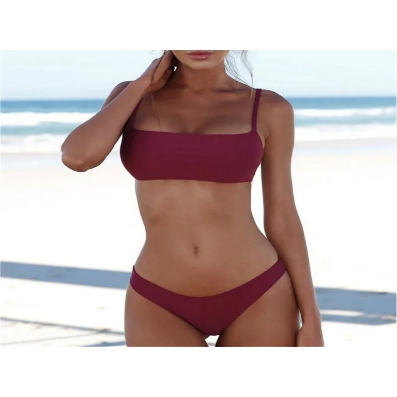 Damen Set Einfarbig Damen Badeanzug Sommer Neu Bikini Sexy Strandstil Badeanzug Anzug Badeanzug Sexy Hohe Taille Bademode Bikinis Set S wein rot