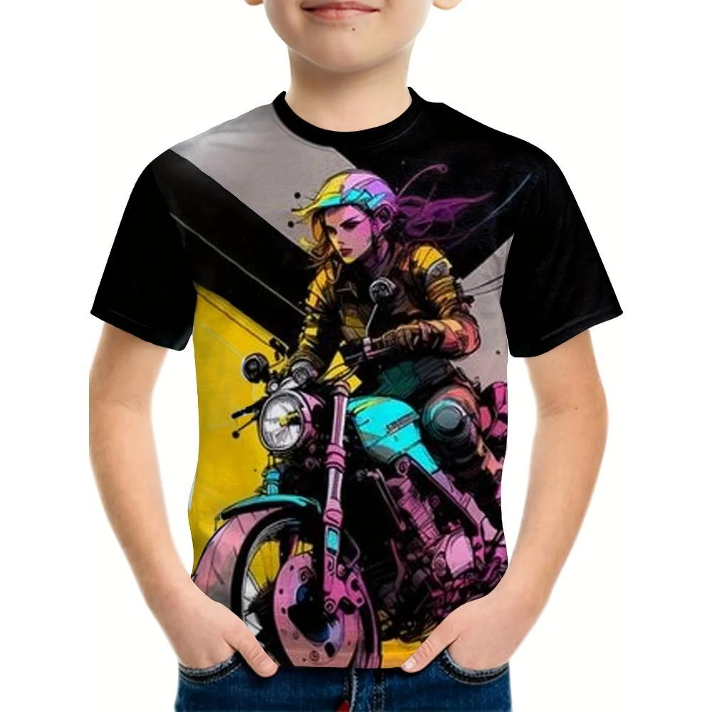 Kinderbekleidung T-Shirts für Jungen Kurzarm Kinder T-Shirts 3D Motorrad bedruckte Kleidung Kinder Oberteil Sommer Mädchen T-shirt 130