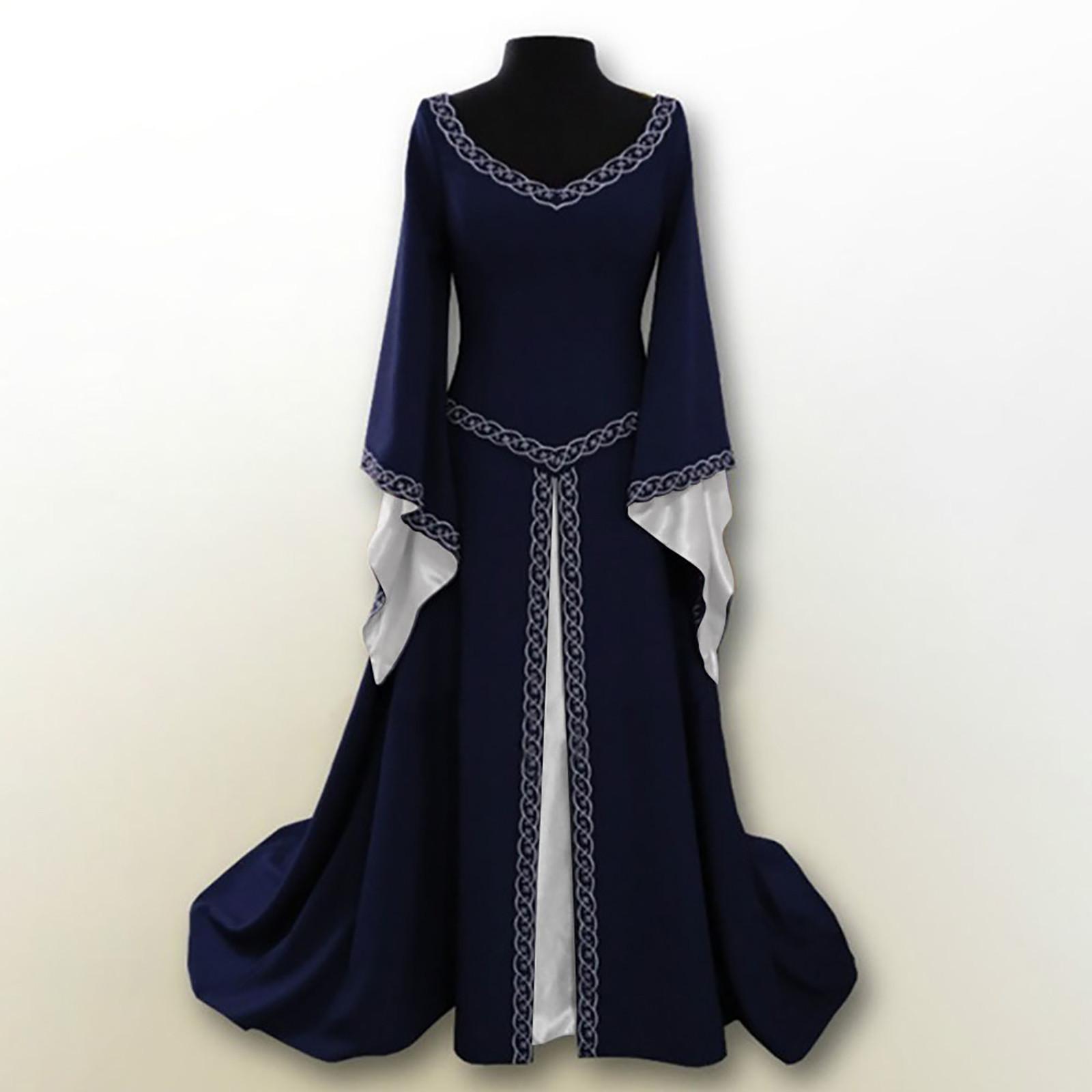 Vintage Gothic Kleid Cosplay Kostüme Herbst Winter Langarm Mittelalterliche Hexe Langes Kleid Halloween Kostüme XXXL dunkelblau