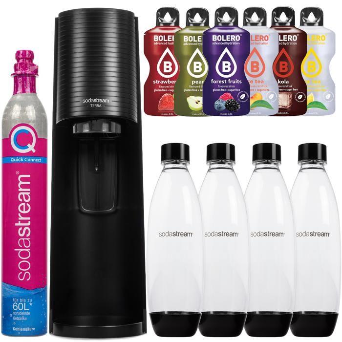 Sodamaschine - Sodastream - Terra Schwarz - 4 Flaschen 1L - Quick Connect Kartusche - 6 zuckerfreie Geschmacksrichtungen schwarz