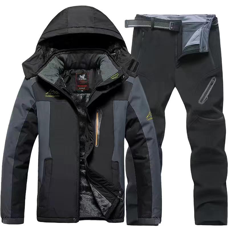 Herren Herbst und Winter Outdoor Bergsteigeranzüge Arbeitskleidung Anzüge Übergroße Anzüge Thermojacken + Thermohosen 2-teiliges Set XL schwarz