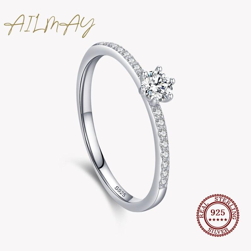 Ailmay Echt 925 Sterling Silber Schlichter funkelnder runder klarer Zirkon Ring für Frauen Klassischer Luxus Hochzeitsaccessoires Schmuck 9