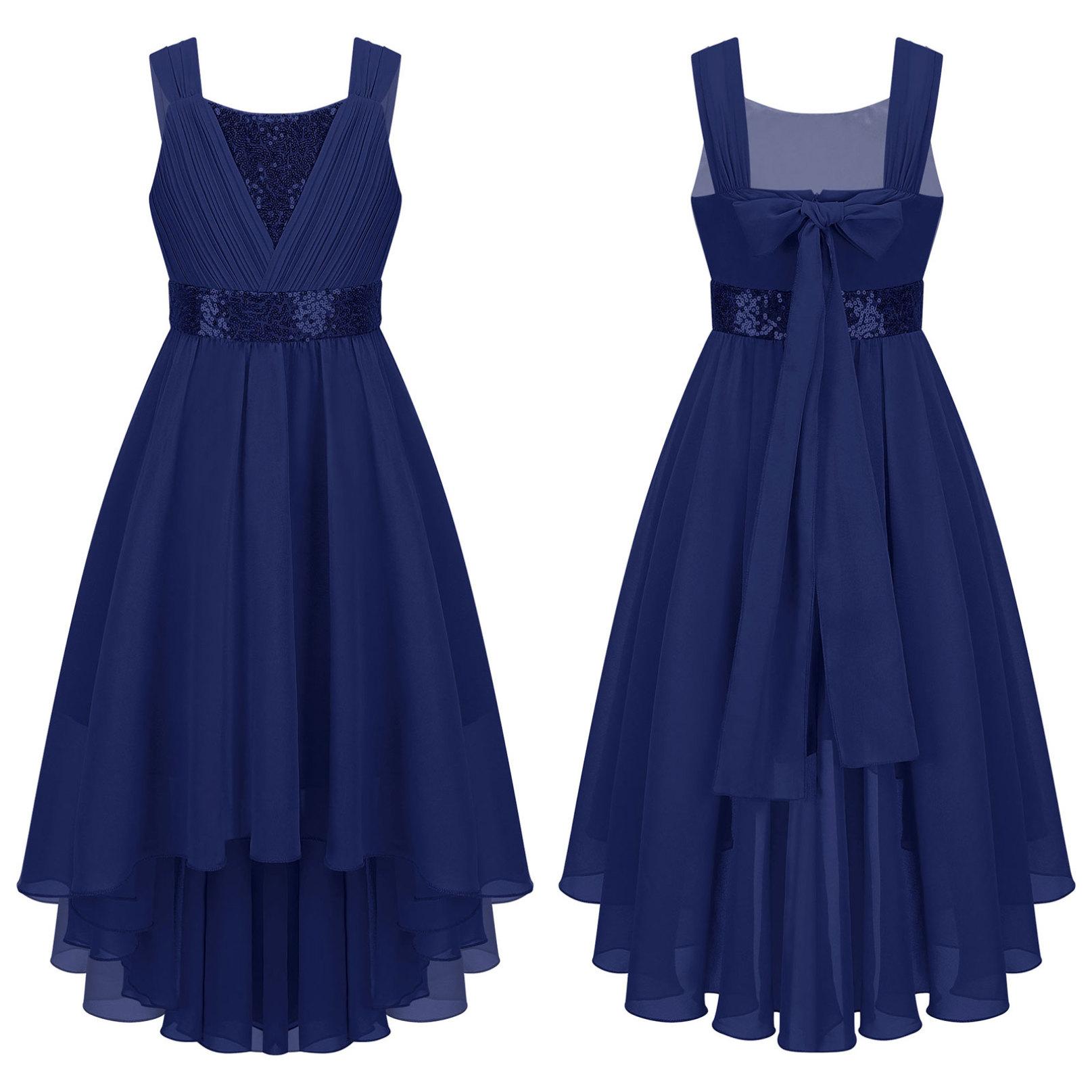 Kinder Mädchen Spitze Chiffon Hochzeit Brautjungfer Kleid Ärmelloses Formales Party Abendkleid Kinder Ballkleid 5-6 Years navy blau
