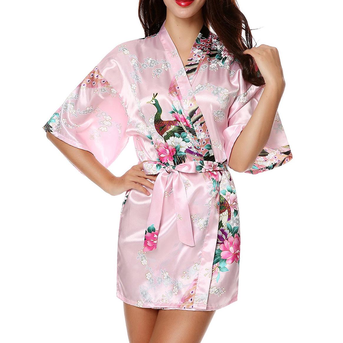 Seide Royal Floral Frauen Robe Sexy Hochzeitskleid Nachtwäsche Nachthemd Kimono Bademantel M rosa