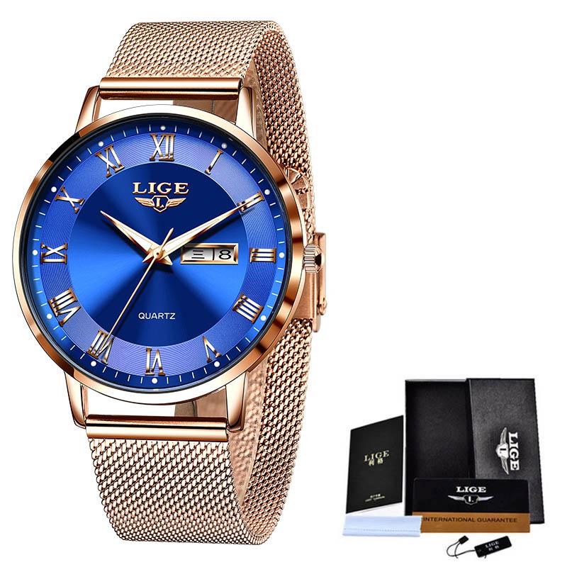 LIGE Modische Luxus-Quarz-Herrenuhr Lässiges Netzarmband Datum Woche Ultraleine Herrenuhr rose gold/blau