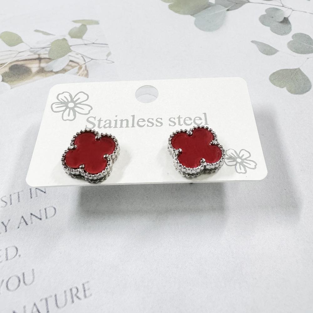 Hochwertige Luxus-Ohrringe aus Titanstahl mit vierblättrigem Kleeblatt, lichtechte modische Ohrringe, Damen-Ohrringe, Schmuck rot