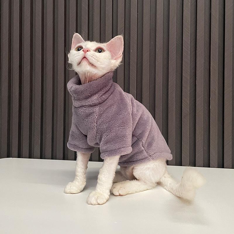 Winter Warme Haarlose Katze Kleidung Rollkragen Katze Pullover Mantel Weiche Flusen Pullover Hemd Verdicken Sphynx Katze Kleidung Haustier Kleidung M violett