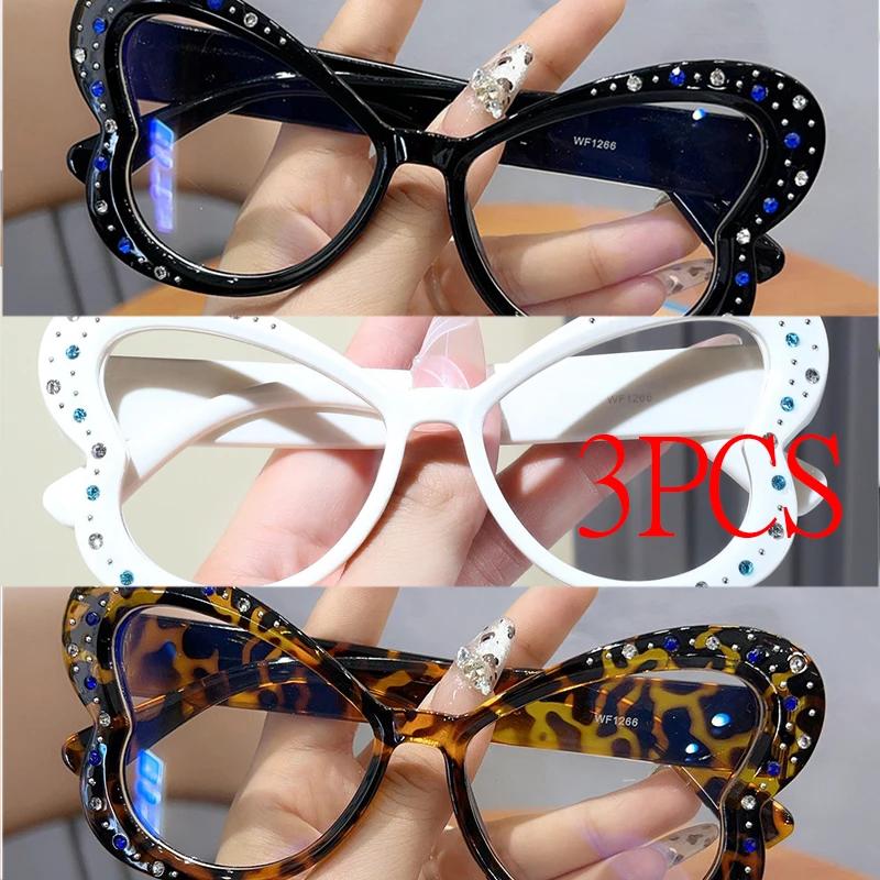 3 Stück Schmetterlingsform Damen Brillenrahmen Strass-Dekoration Anti-Blaulicht Damen Brille Koreanisch Stilvoll Dekorative Brille für den täglichen Gebrauch gray