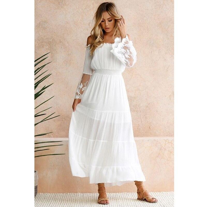 Off Schulter Mesh Spitze Weißes Kleid Frauen Casual Roben Elegante Sexy Sommer Kleid Frau Slash Neck Party Langarm Kleid 24830 M weiß