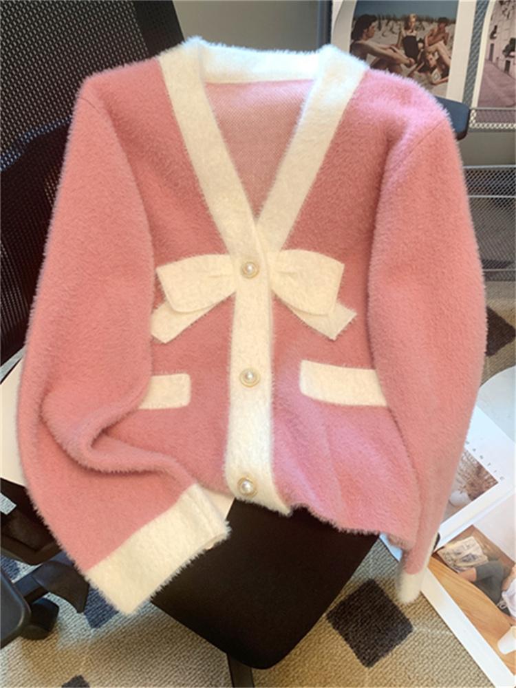 Bogen Strickjacke Frauen Herbst Winter Neue Mode Süße Perlen Einreiher Pullover Beiläufige Lose Strickjacke One Size rosa