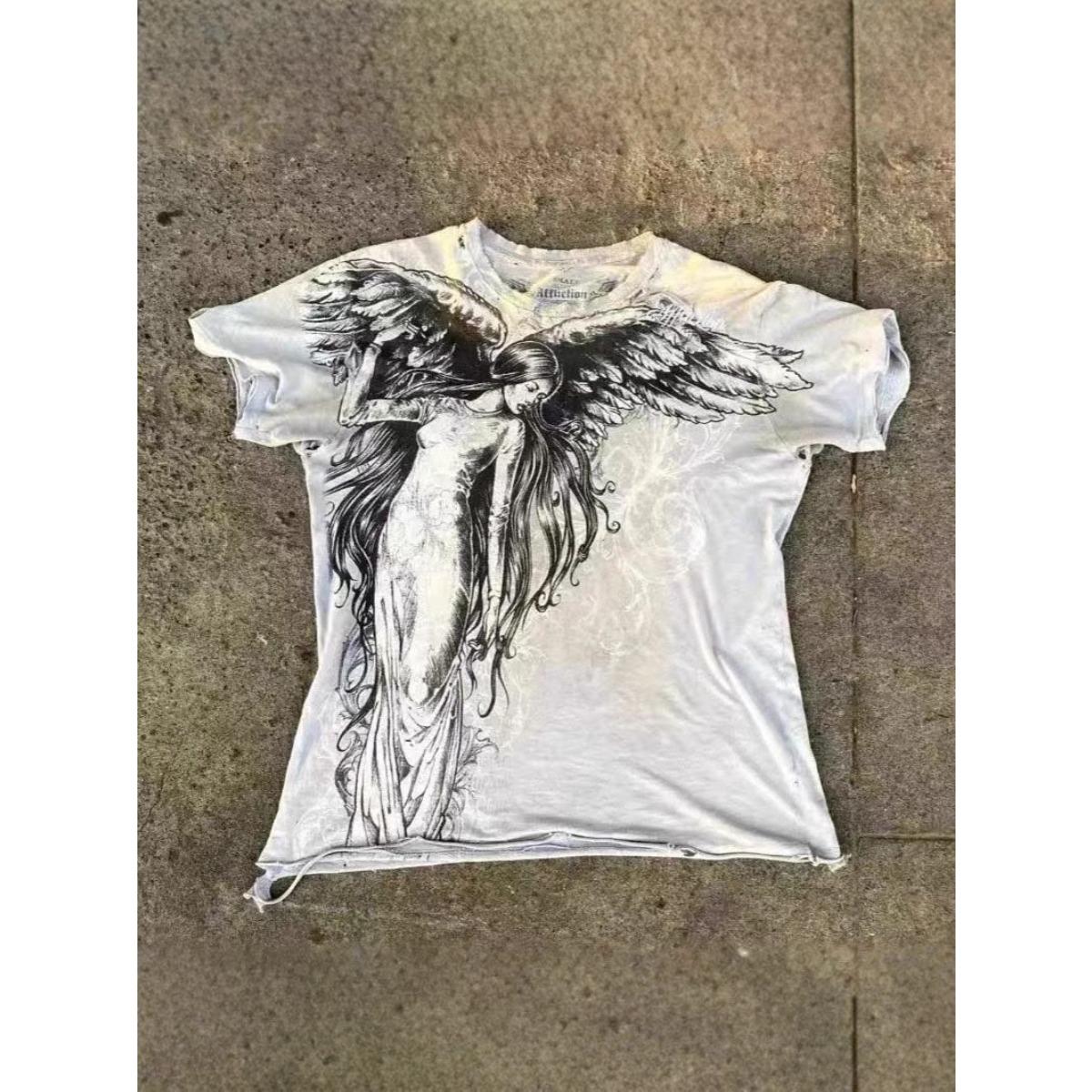 DRIPX Classic Y2K Gothic Stil T-Shirt Druck Oversized T-Shirt High Street Shirts Gothic Rundhals Baumwoll Tops Neues Herren Damen T-Shirt M weiß
