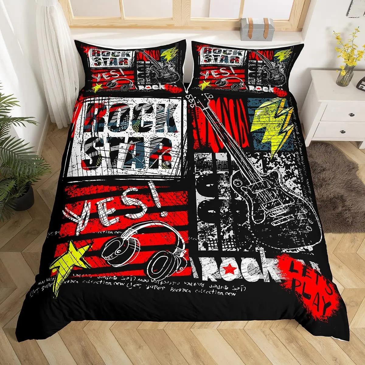 Gitarren Bettwäscheset Punk Rock Musik Bettbezugset für Kinder Jugendliche Jungen Junger Mann Rotierendes Musikinstrument Bettdeckenbezug 135X200cm-2pcs