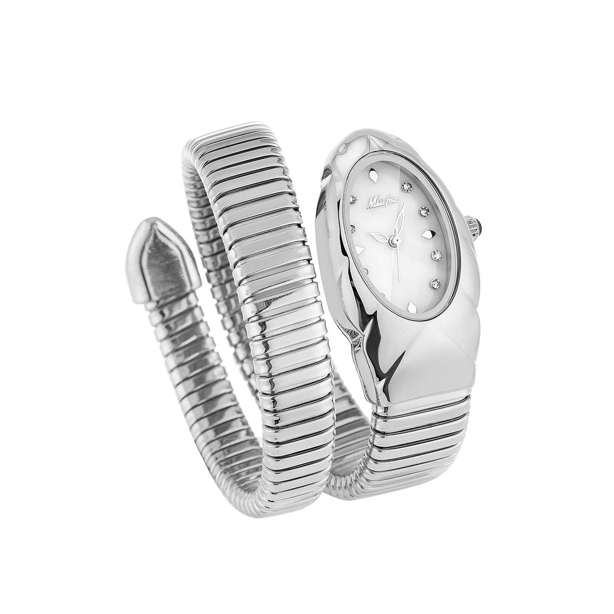 MISSFOX Damen Schlangenarmbanduhr Edelstahl Mode Gold Damenuhren Uhr Luxus Damenarmbanduhren Wasserdichte Uhren silber/weiß