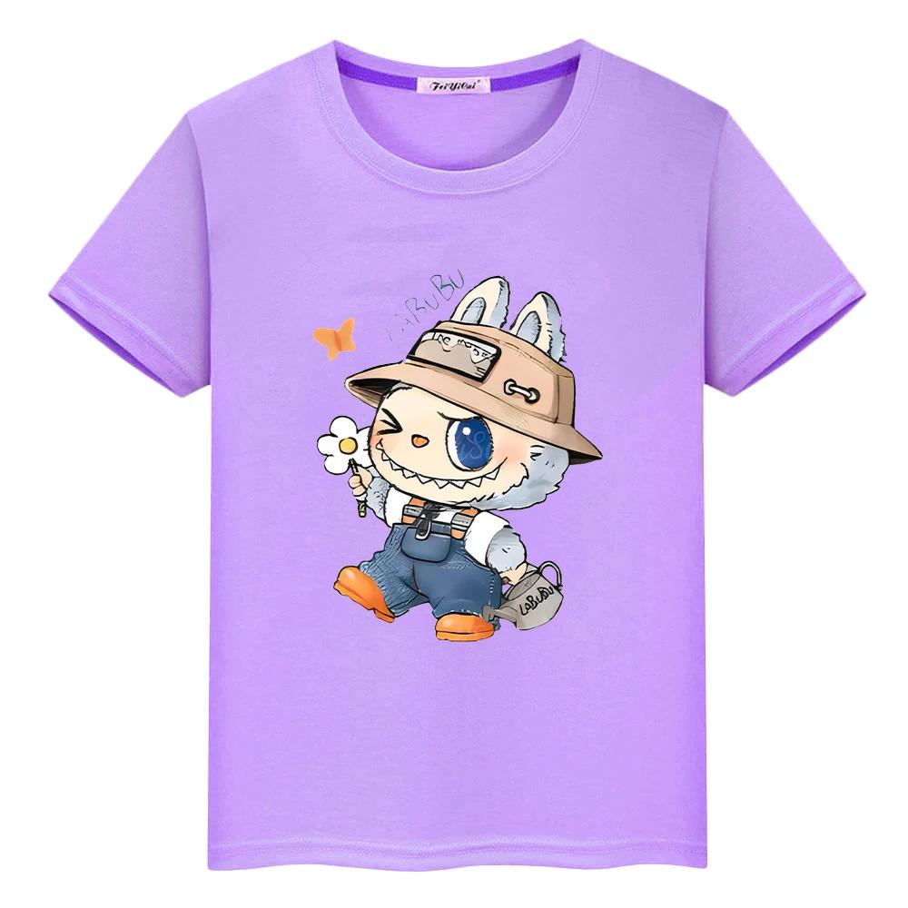 labubu 100% Baumwolle T-Shirt für Kinder Junge 10 Jahre Kleinkind Mädchen Kleidung Kawaii Oberteile Anime Kurz Stolz T-Shirt Y2K Kinderkleidung Mädchen 150 violett
