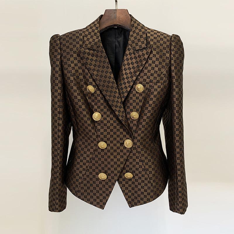 2024 Frühling Herbst Damen Blazer Zweireihig Löwenkopf Goldknopf Damen Blazer Jacke Schlank Print Anzugjacke Damenmode XL dunkelbraune