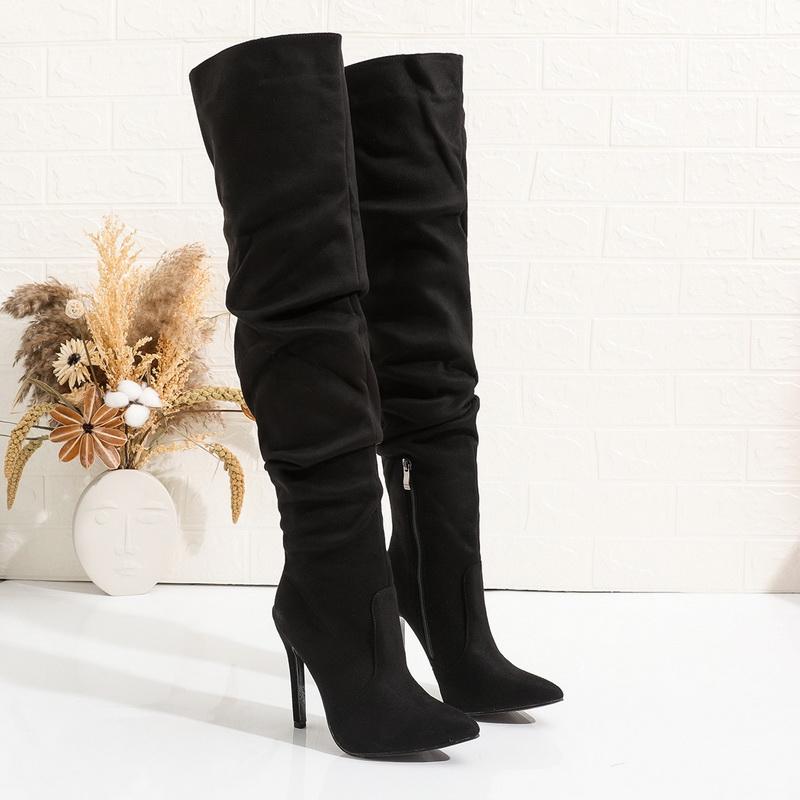 Damen Beflockte Hohe Dünne Absätze Lange Stiefel Seitenreißverschluss Über das Knie Hohe Stiefel Büro Nachtclub Party Bankett Laufsteg Mode Stiefel 40 schwarz