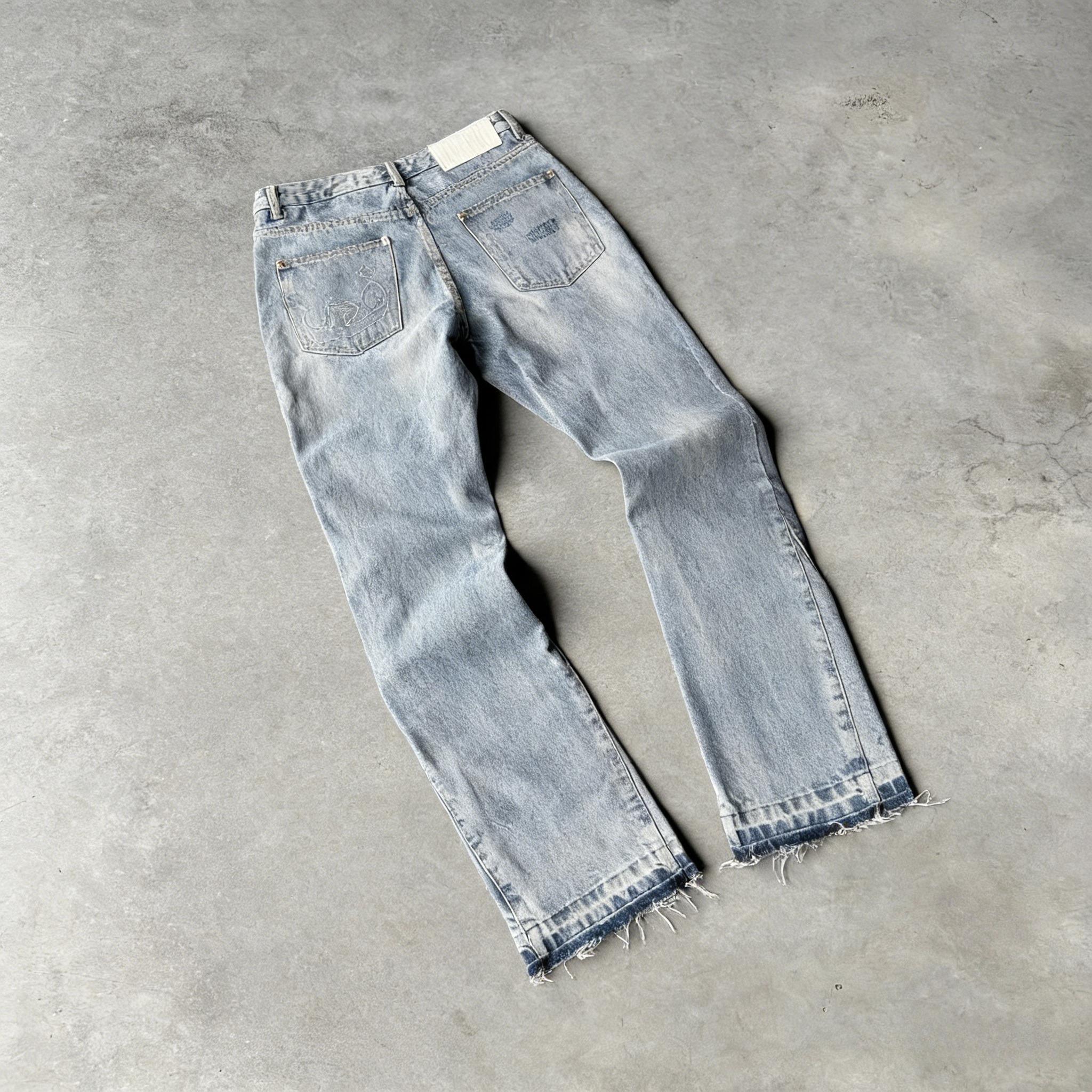 Y2K Vintage Slim Fit Jeans, trendige gewaschene Herren- und Damen-Jeans im Harajuku-Hip-Hop-Stil mit geradem Bein und Gothic-Fransen, lässige Micro-Flared-Jeans L himmelblaue