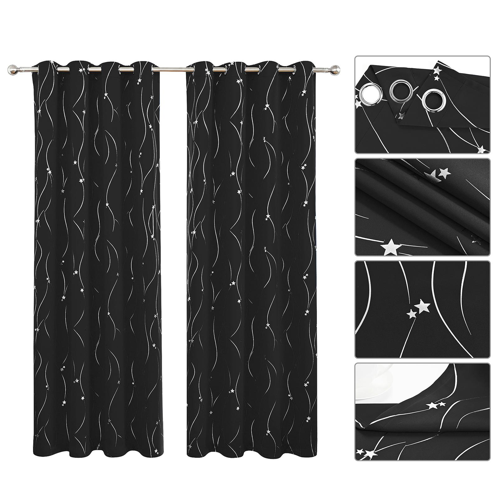 2 Stück Vorhänge Aoresac Haushalt Verdunkelung Hot Silver Fünfzackiger Stern Schattierung 85 % + hohe Präzision 132cm * 164cm schwarz