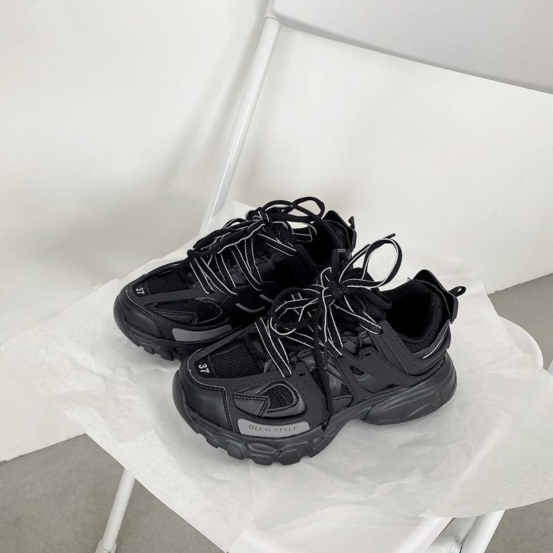 Damen 2025 Vielseitige Dad-Sneakers mit dicker Sohle - Trendiger Hongkong-Stil, Streetstyle, Lässige Sneakers für Studenten und Paare 38 schwarz