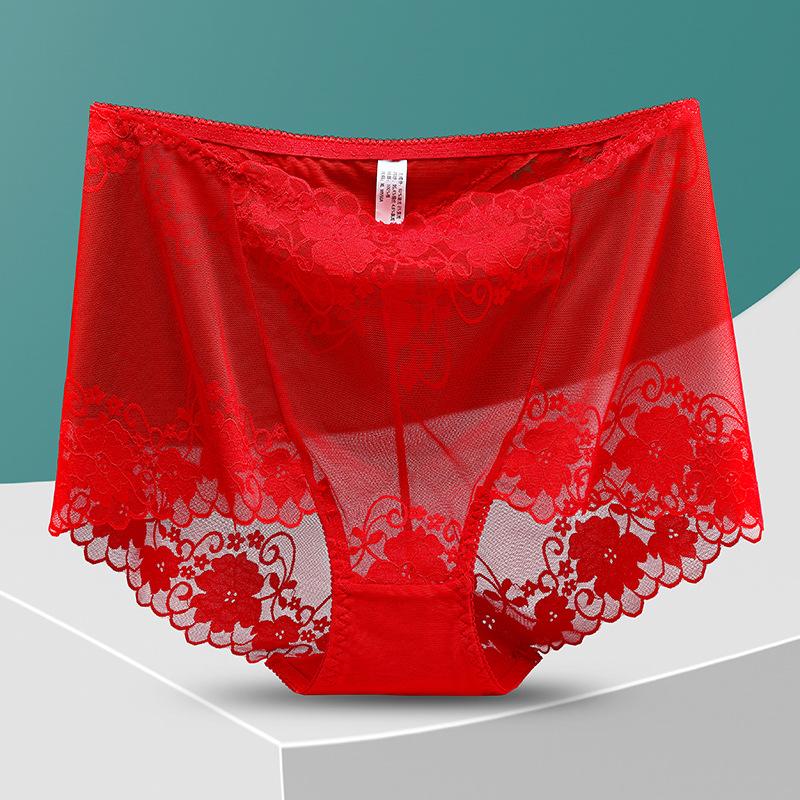 Hohe Taille Spitzenhöschen Frauen Hosen Sexy Hohl Blumen Dessous Weibliche Mesh Atmungsaktive Slips Dessous 2XL rot