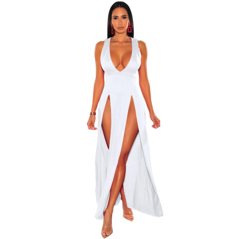 Neuheiten Damen Sexy High Split Kleider Ärmellos Tiefem V-Ausschnitt Hoher Schlitz Lange Party Bodycon Rote Sommerkleider XS weiß