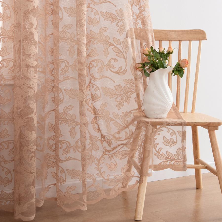Bestickte Gardinen mit Blattmuster, Polyester Leichte Dekorative Vorhänge für Wohnzimmer, Schlafzimmer, Esszimmer, Büro 140*175cm