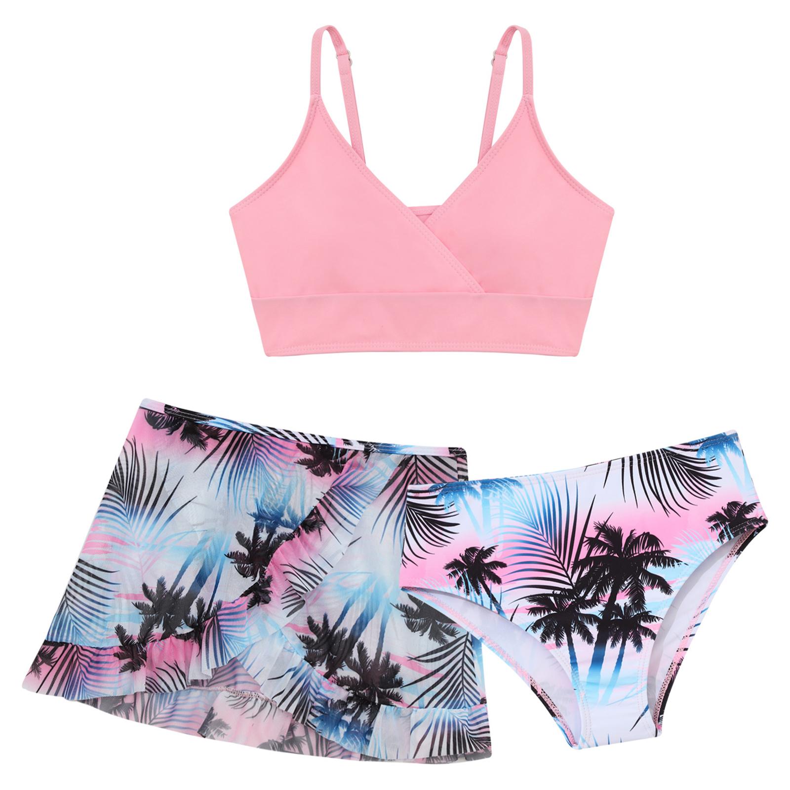 Badeanzüge für Mädchen, 3-teilig, gepolsterter Bikini-Badeanzug mit Überwurfrock, Blumendruck, Strand-/Surf-Tankini, Bademode 8-9 Years rosa