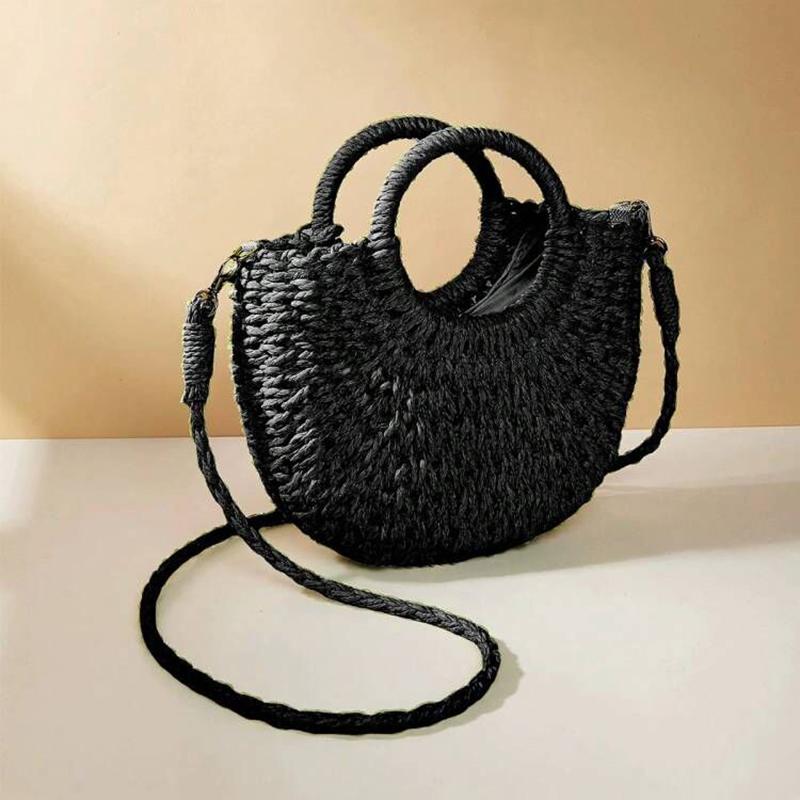 Handgefertigte halbrunde Rattan-Strandtasche aus gewebtem Stroh für den Sommer, Umhängetaschen für Damen 24*9*18cm schwarz