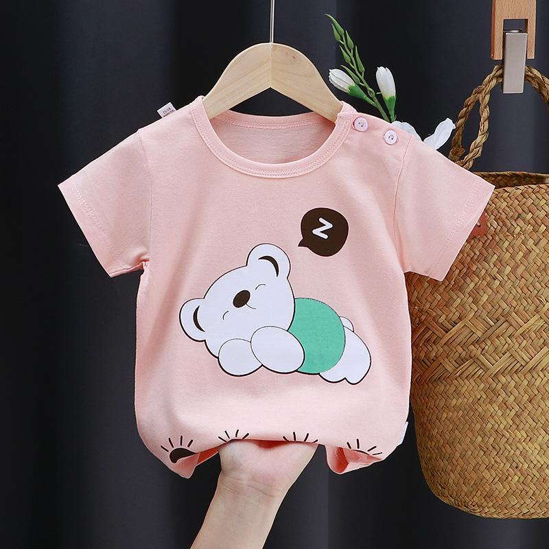 Kinder süße Baumwolle Kurzarm T-Shirt Tops Kinder Kleidung Baby Kleidung Cartoon Pullover 73CM hellrosa