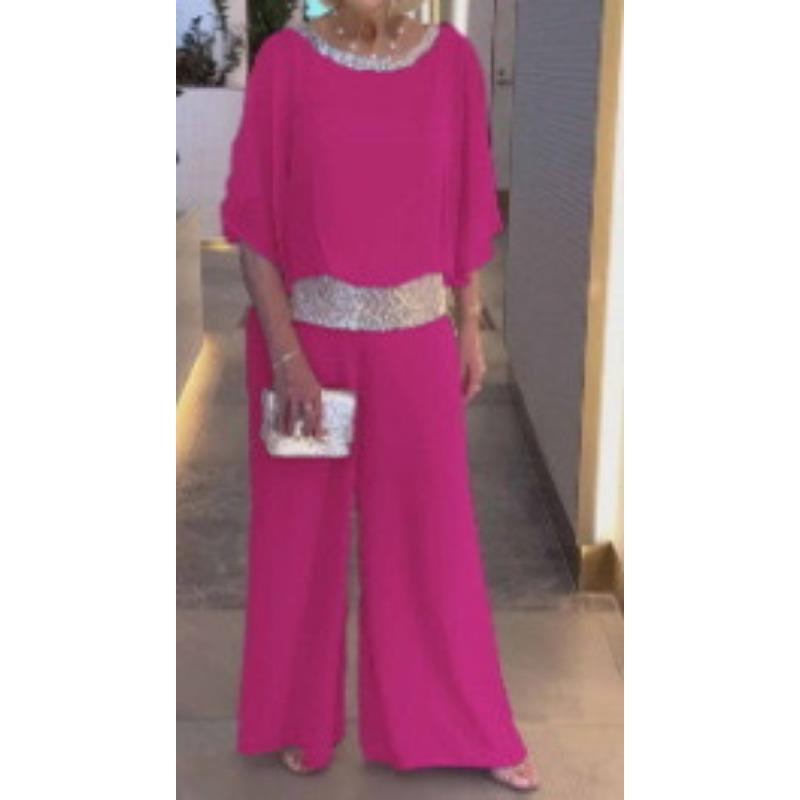 YYFS Damenmode Casual Frühling Herbst Einfarbig Druck 1/2 Ärmel O Hals Hosen Anzüge XXXL hellrosa