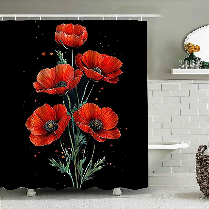 Rote Mohnblumen auf schwarzem Hintergrund Wasserdichter Duschvorhang Hitzebeständig Maschinenwaschbar Nicht transparent 180x180cm 220X180cm(86x70in)