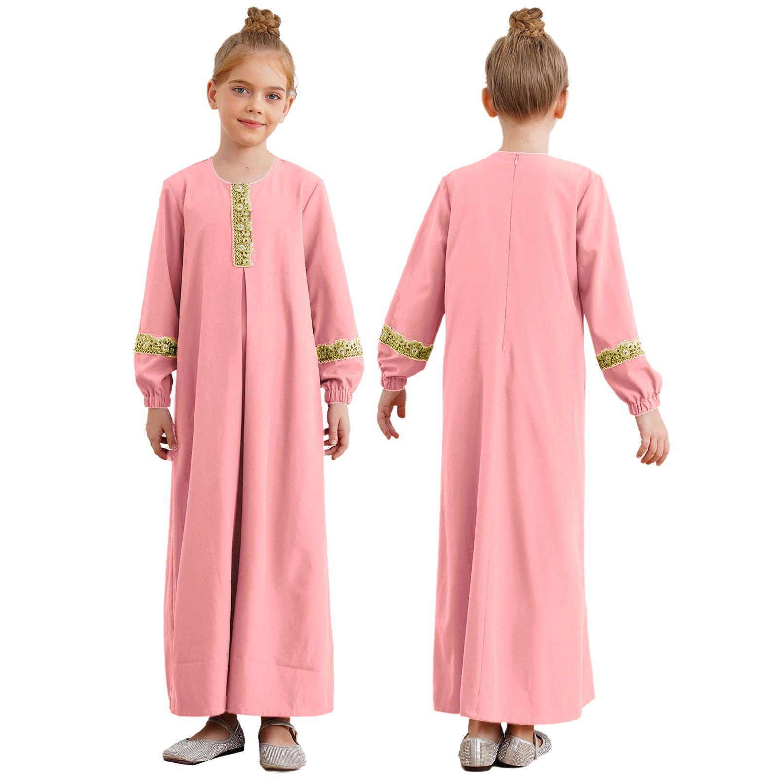 Mädchen Islamisches Abaya Kleid Langarm Rundhals Maxikleid Ramadan Maskerade Outfit 13-14 Years rosa
