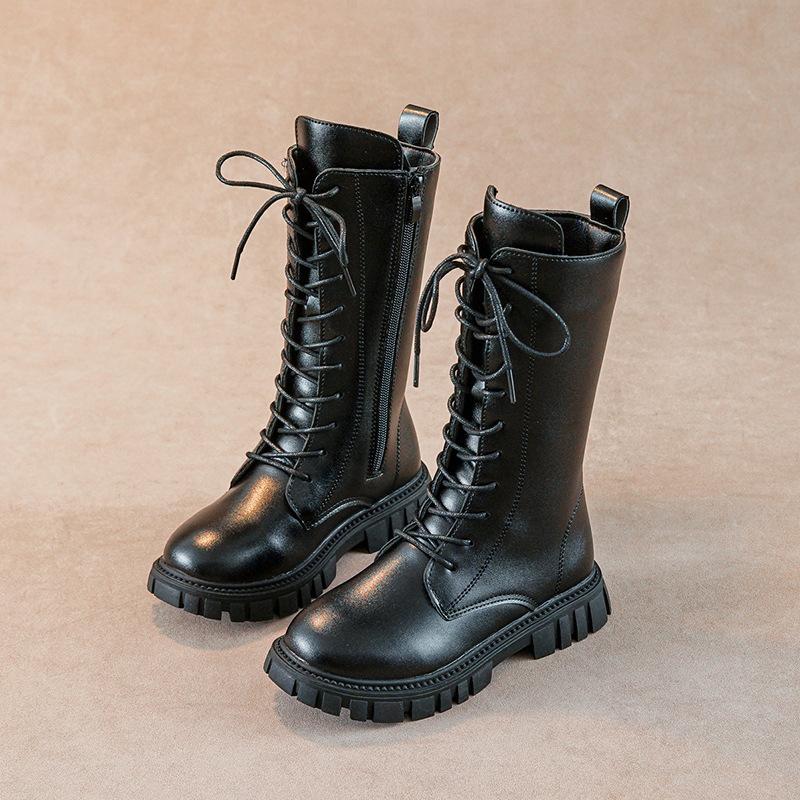 Kinder Stiefel Mädchen Sommer Neue Hohe Stiefel Koreanische Version des Britischen Stil Martin Stiefel Prinzessin Leder Stiefel Kleines Mädchen 33 schwarz