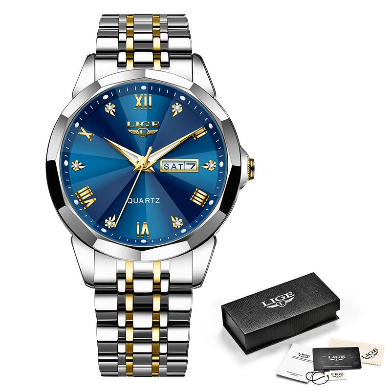 LIGE Neue Herrenmode-Uhr, Luxus-Business-Quarzuhr, Edelstahl, wasserdichte Uhr, Nachtleuchtendes Datum, Chronometer-Uhr gold/blau