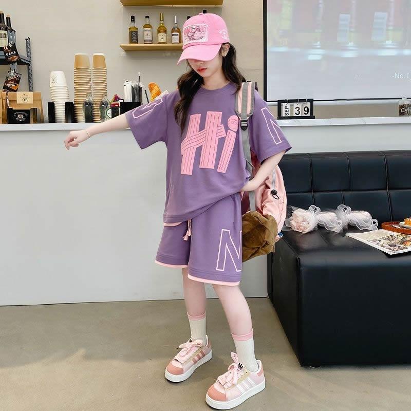 Sommer Mädchen T-Shirts Sets Outfit Kinder Kurzarm Tops + Shorts 2Pcs Kinder Kleidung Teen Lose Beiläufige Anzüge Sportliche Outfits 170cm violett