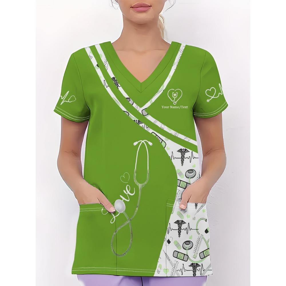 Klinische Uniform Damen Stethoskop-Print V-Ausschnitt Kurzarm Krankenschwester Uniform Oberteile Mode mit Tasche Zahnarzt Krankenschwester Uniform Damen 5XL green