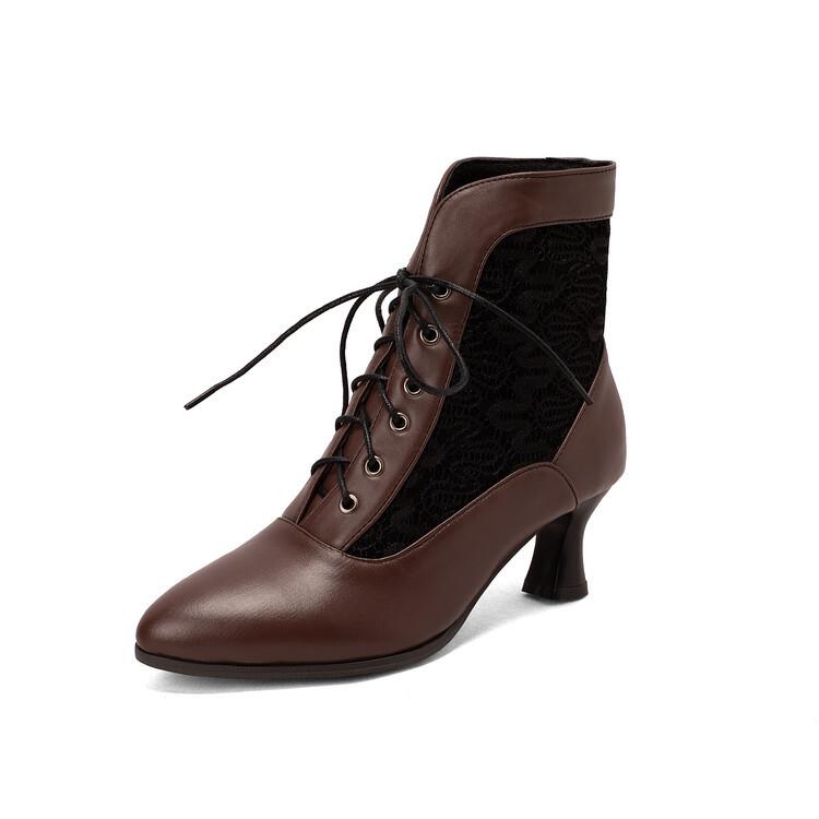 Modische viktorianische Stiefeletten für Damen, Lederschuhe mit Spitzenabsatz für Damen, modische Schnürstiefeletten mit gespleißten High Heels für Damen, Stiefeletten 46 44 braun