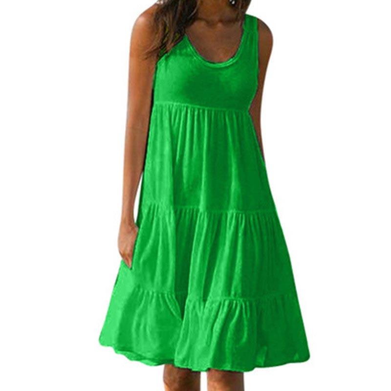 Frauen Casual O Neck Ärmellose Rüschen Mini Kleid Boho Solide Strand Sommerkleid Übergroßen Lose Kleid Sommer L grün