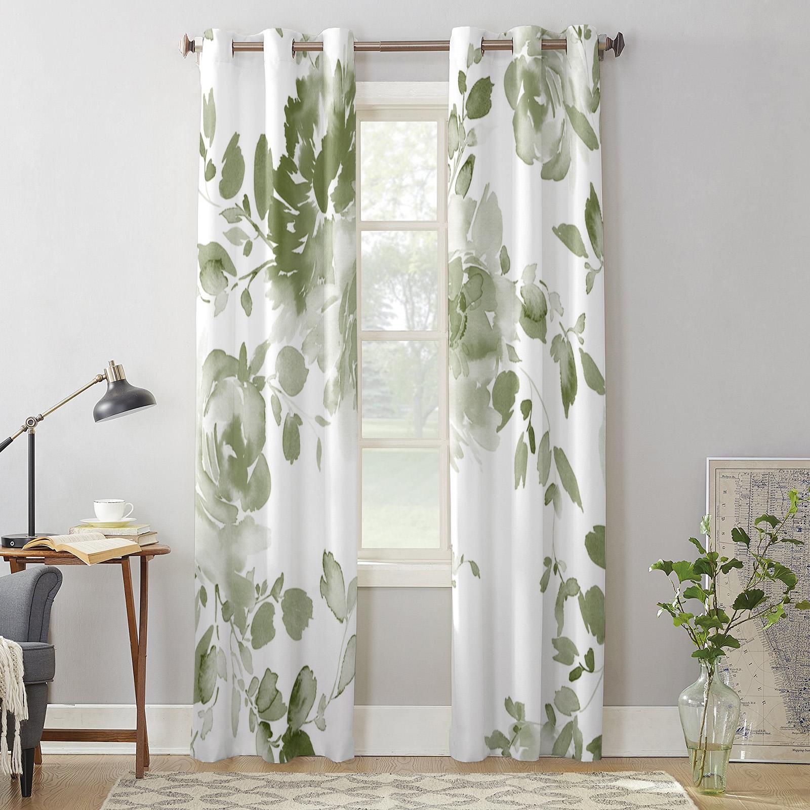 Fenstervorhänge mit Aquarellblumen in Salbeigrün für Wohnzimmer, Schlafzimmer, moderne Jalousien, Vorhänge für die Küche 100W x 160H(cm) x2